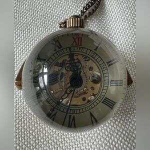 Rare Vintage Necklace Watch Clock Gears Steampunk Heavy Brass Glass Ball Orb